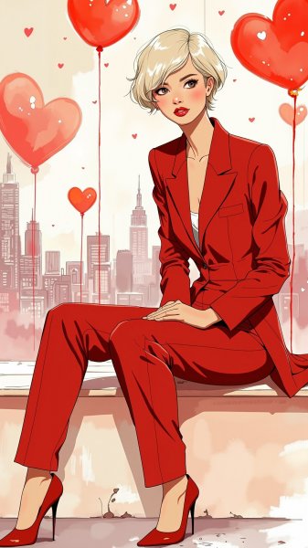 Элегантность в красном: стильная блондинка среди сердец и огней большого города. Нейросеть Flux 1