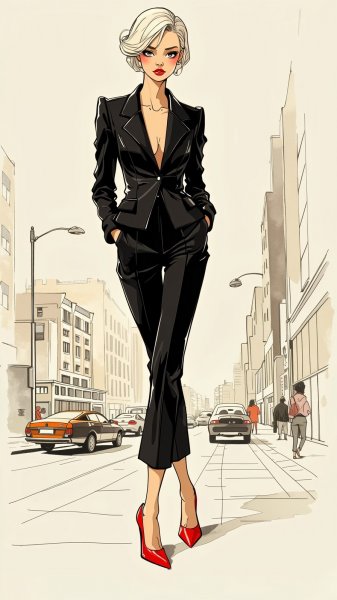 Элегантность в черном: Мода и уверенность городской дивы. Изображение из нейросети Flux Ai