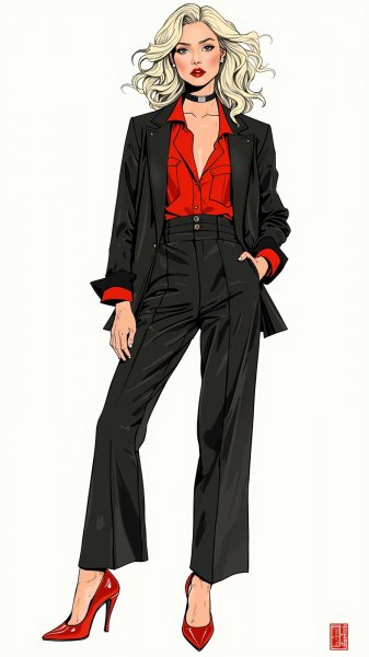 Элегантность и дерзость: стильный образ в черном костюме с акцентом на красное. Генерация из нейронной сети Flux.1