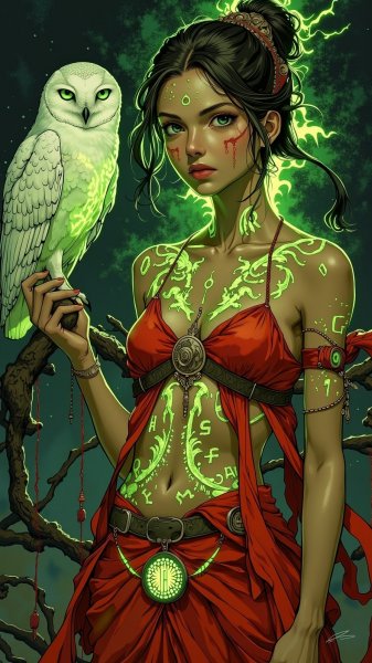 Сияющая женщина с рунами и мудрый филин в лучах ультрафиолета. Изображение из нейросети Flux
