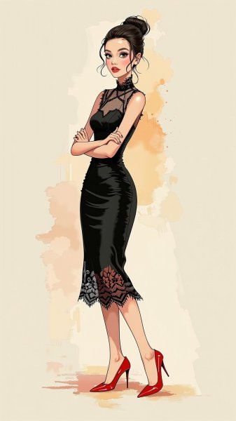 Изысканный образ в черном кружеве и красных туфлях. Картинка из нейронной сети Flux.1