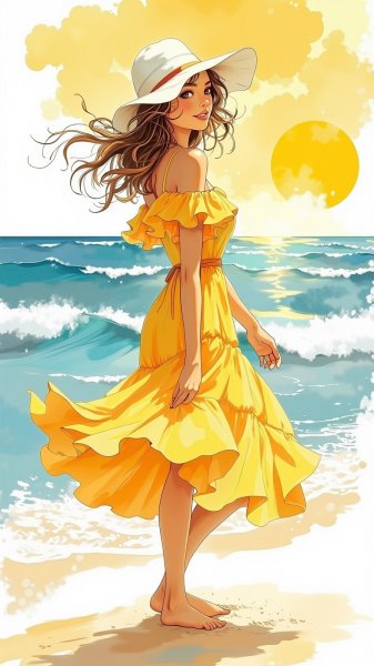 Беззаботное лето на пляже: солнечный ветер и игривое настроение. Картинка из нейронной сети Flux.1