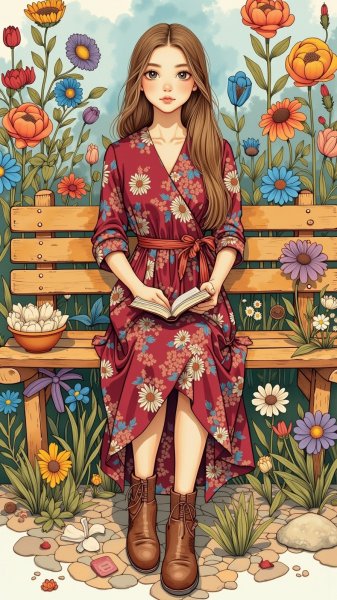 Молодая женщина в саду: фольклорная красота и цветочный уют. Картинка из нейронной сети Flux 1
