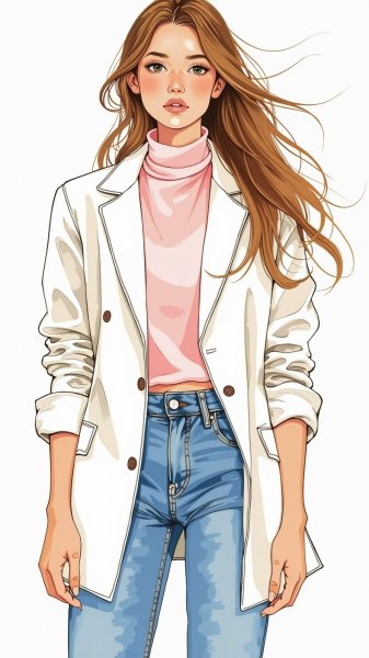 Девушка в блейзере и свитере: элегантный силуэт на сером фоне. Генерация из нейросети Flux Ai