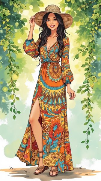 Яркая женщина в струящемся платье и солнечная атмосфера. Картинка из нейросети Flux