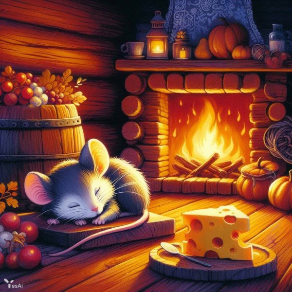 Уютная мышка у камина: осеннее тепло и волшебный рисунок в стиле Линьеров. Генерация из нейросети Dalle 3