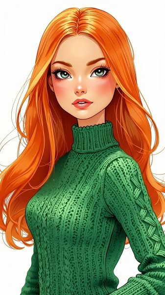 Барби в стиле Zentangle: серьезный взгляд и красный волос. Нейросеть Flux