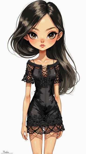 Кукла с длинными черными волосами в элегантном образе. Генерация из нейронной сети Flux