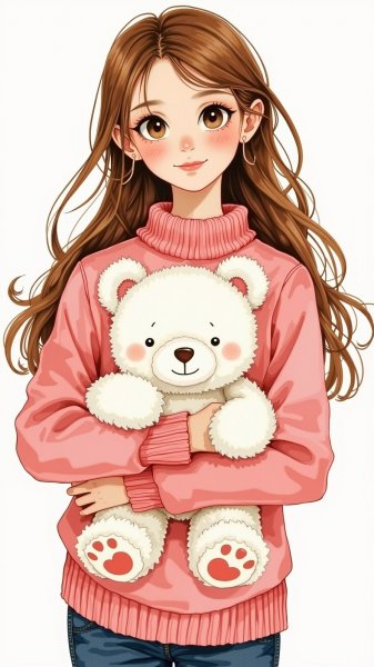 Милая кукла с плюшевым мишкой на белом фоне. Генерация из нейронной сети Flux.1