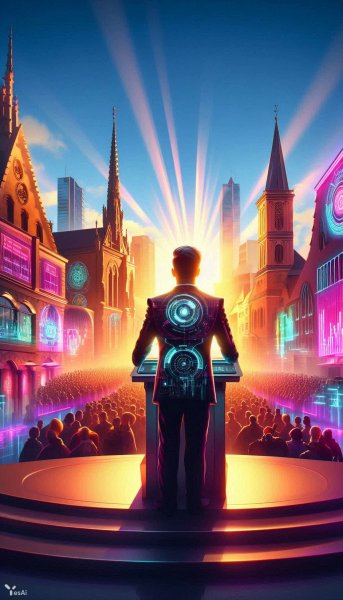 Неоновый рассвет: киберпанк город и оратор перед толпой. Генерация из нейронной сети Далли 3