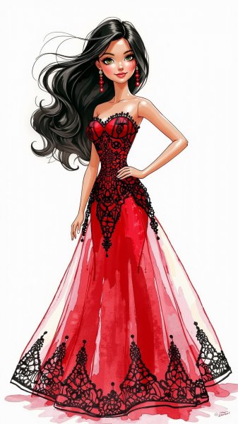 Кукла Барби: Элегантный образ в красном и черном с кружевными деталями. Картинка из нейросети Flux Ai