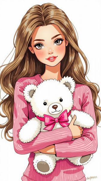 Барби с мишкой в розовом свитере: нежная акварельная иллюстрация. Картинка из нейросети Flux Ai