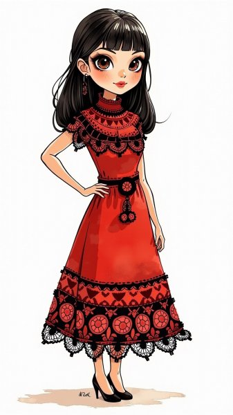 Изящная кукла в народном стиле с выразительным взглядом и стильным нарядом. Картинка из нейронной сети Flux