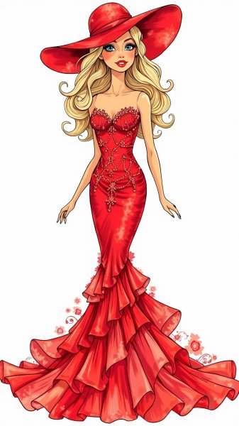 Барби в алом великолепии: Зентангл-искусство и морская элегантность. Нейронная сеть Flux Ai