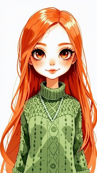 Кукла с длинными рыжими волосами и нежной улыбкой в зеленом свитере. Нейронная сеть Flux 1