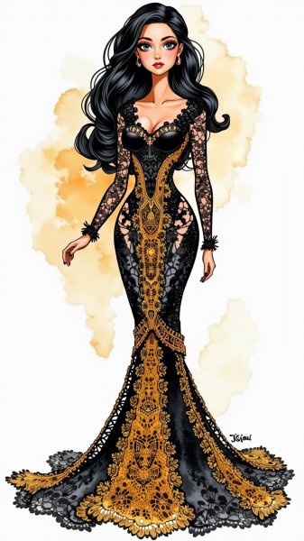 Барби в кружевном платье: элегантность черного и золотого цвета. Нейронная сеть Flux.1