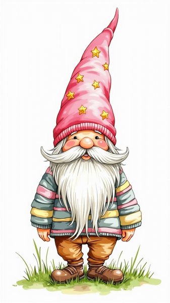 Забавный гном в розовой шапочке с золотыми звёздами и смешковатой улыбкой. Генерация из нейронной сети Flux Ai