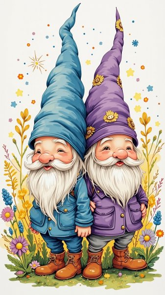 Два гнома в ярких костюмах на фоне игривого сада. Изображение из нейросети Flux Ai