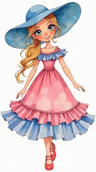 Кукла в нежных тонах: фольклорное очарование и игривый взгляд зрителя. Картинка из нейросети Flux.1