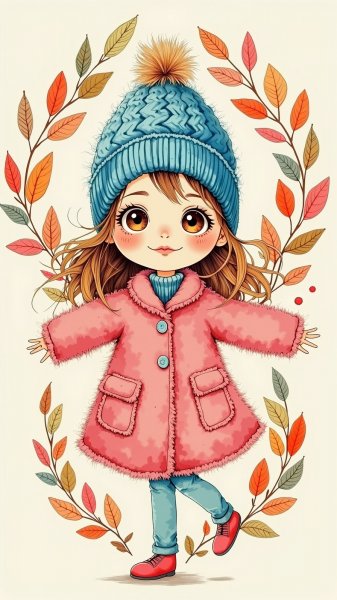 Милая кукла в розовом пальто и синей шапочке с помпоном, осеннее настроение. Картинка из нейронной сети Flux.1