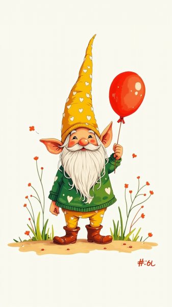 Весёлый гном на пляже: наивное искусство и яркие детали. Картинка из нейросети Flux 1