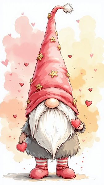 Милый гном с розовой шляпой и сердечком. Генерация из нейросети Flux 1