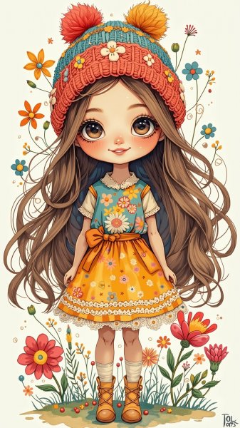 Милая кукла с длинными волосами и ярким вязаным головным убором на цветочном фоне. Генерация из нейронной сети Flux