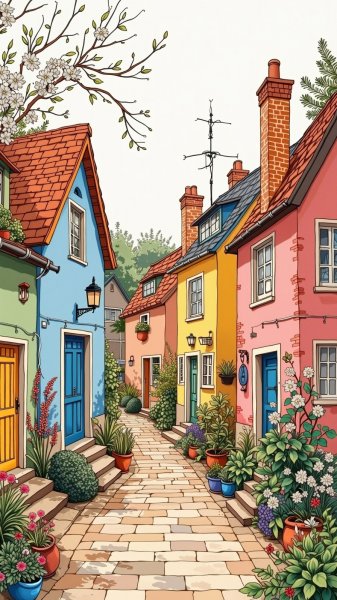 Уютная улочка в стиле наивного искусства с яркими домиками и цветами. Изображение из нейронной сети Flux