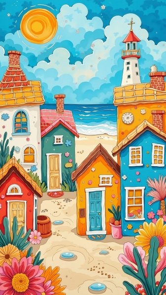 Весёлый пляж: яркая иллюстрация в стиле гуаши. Генерация из нейронной сети Flux Ai