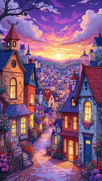 Закат над сказочным городком с уютными домиками и фиолетовым небом. Нейронная сеть Flux.1