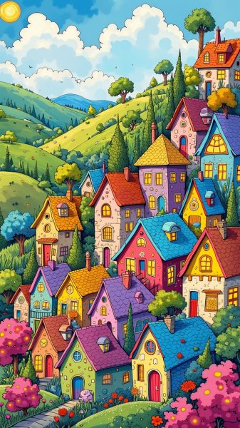 Волшебная деревня на холмах: калейдоскоп красок и радости. Изображение из нейросети Flux.1