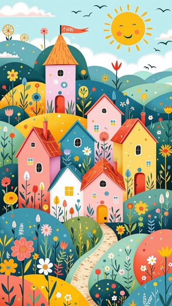 Волшебный городок пастельных тонов и яркий пейзаж. Генерация из нейронной сети Flux 1