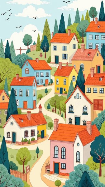 Очаровательная деревня: сказочный мир ярких иллюстраций и домов. Картинка из нейросети Flux 1