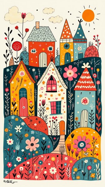 Яркие домики на холме: сказочный уголок в стиле фольклорного искусства. Генерация из нейронной сети Flux