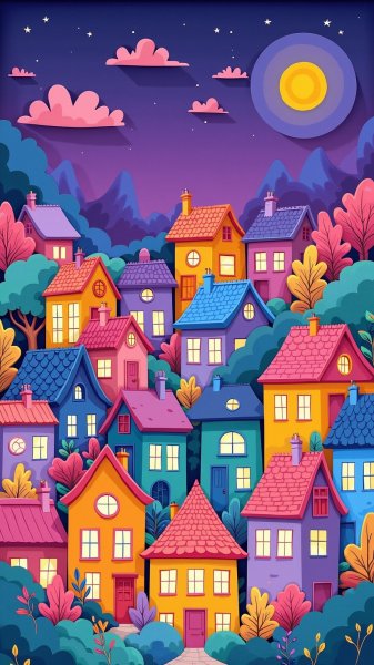 Очаровательный городок: иллюстрация акварелью в ночном небе. Картинка из нейронной сети Flux