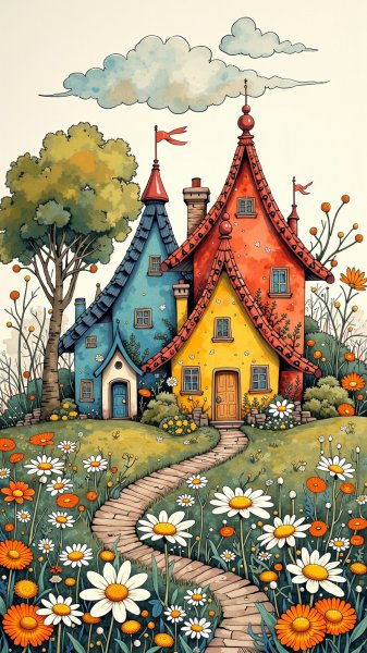 Сказочные дома в ярком поле ромашек. Изображение из нейронной сети Flux.1