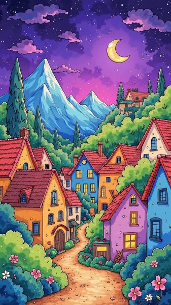 Веселая деревня под фиолетовым небом сказочного мира. Генерация из нейронной сети Flux 1