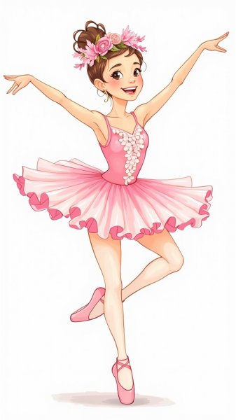 Забавная балерина в розовом платье и с цветами на голове. Картинка из нейросети Flux.1