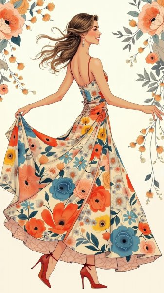 Грациозный танец в струящемся платье: волшебство цветочных узоров и света. Изображение из нейросети Flux Ai