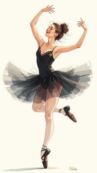 Балерина в чёрном: наивное искусство и грация танца. Изображение из нейросети Flux Ai