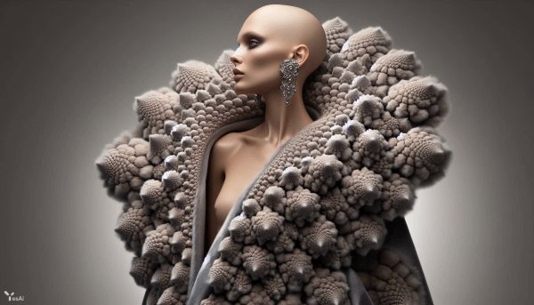 Необычная лысая девушка в экстравагантной тунике и жемчужных украшениях. Картинка из нейронной сети Dalle