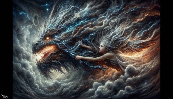 Полет сильфиды: танец с драконом в грозовом небе. Генерация из нейросети Dalle 3