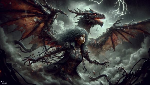 Драконья кожа: девушка в объятиях кошмарной бури. Генерация из нейросети Dalle 3