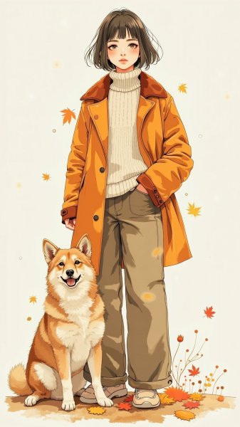 Осеннее настроение: уютный образ девушки с короткой стрижкой и верным псом. Картинка из нейросети Flux 1