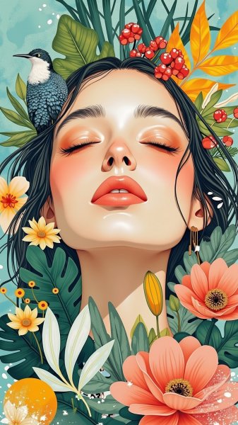 Спокойное лицо в тропическом цифровом коллаже. Генерация из нейросети Flux 1