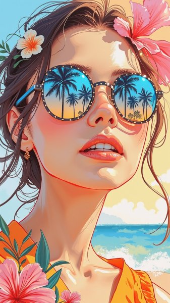 Летнее настроение и яркие отражения: портрет в стиле пиноколлаж. Картинка из нейросети Flux Ai