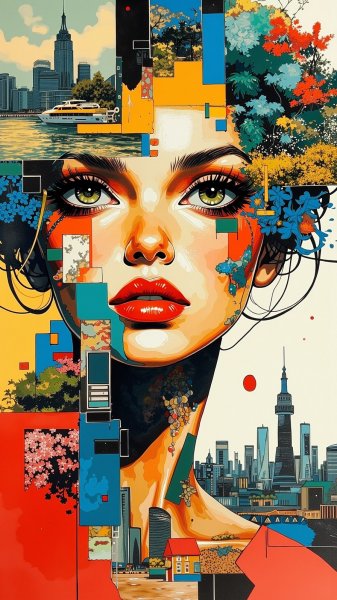 Яркий коллаж: взгляд и губы в центре внимания. Генерация из нейронной сети Flux