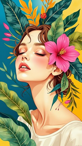 Нежная красота: портрет девушки в тропическом раю цифрового искусства. Генерация из нейронной сети Flux.1