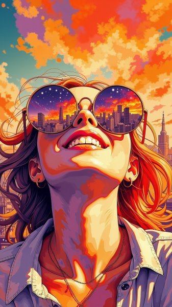 Взгляд вверх: женщина в солнечных очках на фоне заката над городом. Генерация из нейронной сети Flux Ai