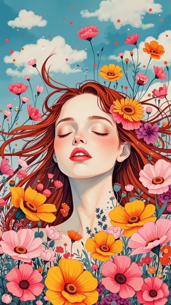 Нежная красота женщины в цветущем саду. Нейросеть Flux